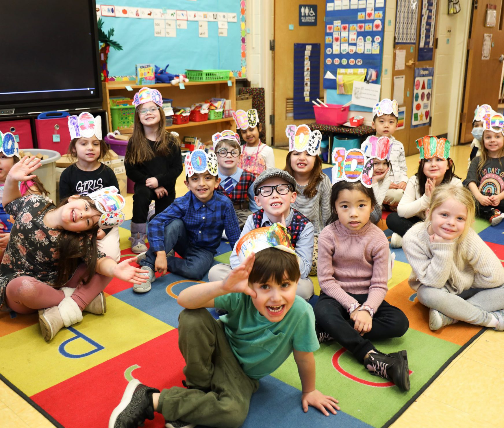 Class smiling on the 100th day of school.