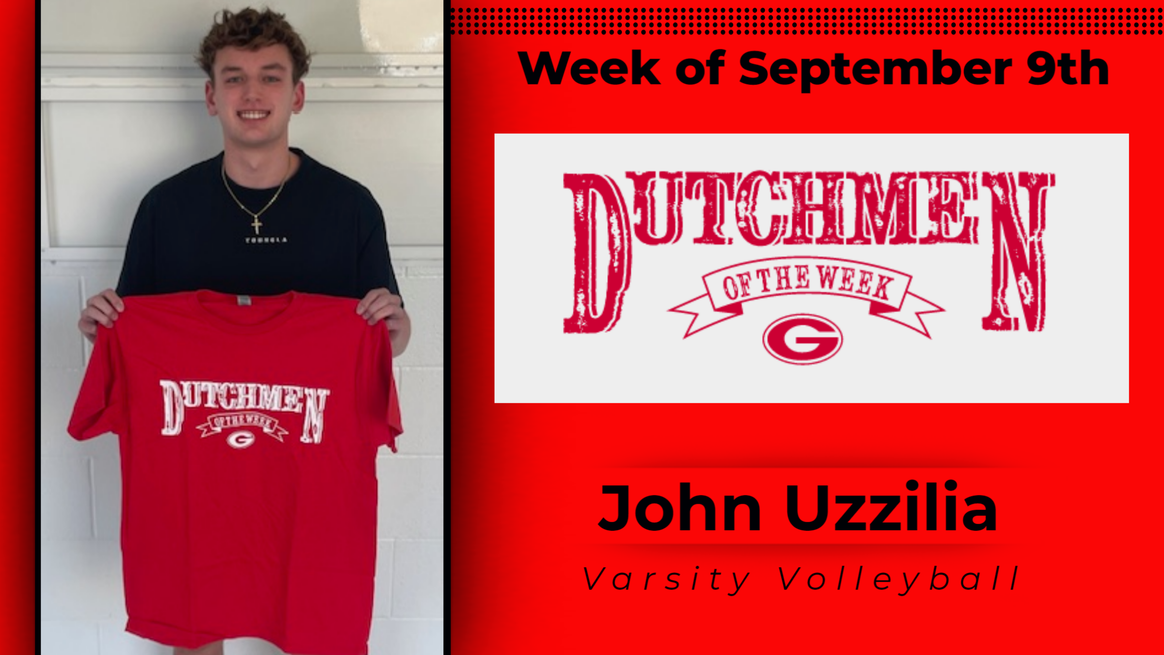 student holding up Dutchmen of the Week shirt 