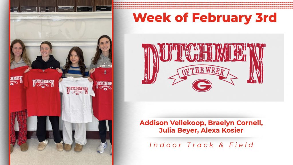 Four students stand in front of a white wall holding red and white t-shirts with red/white type that reads Dutchmen of the Week